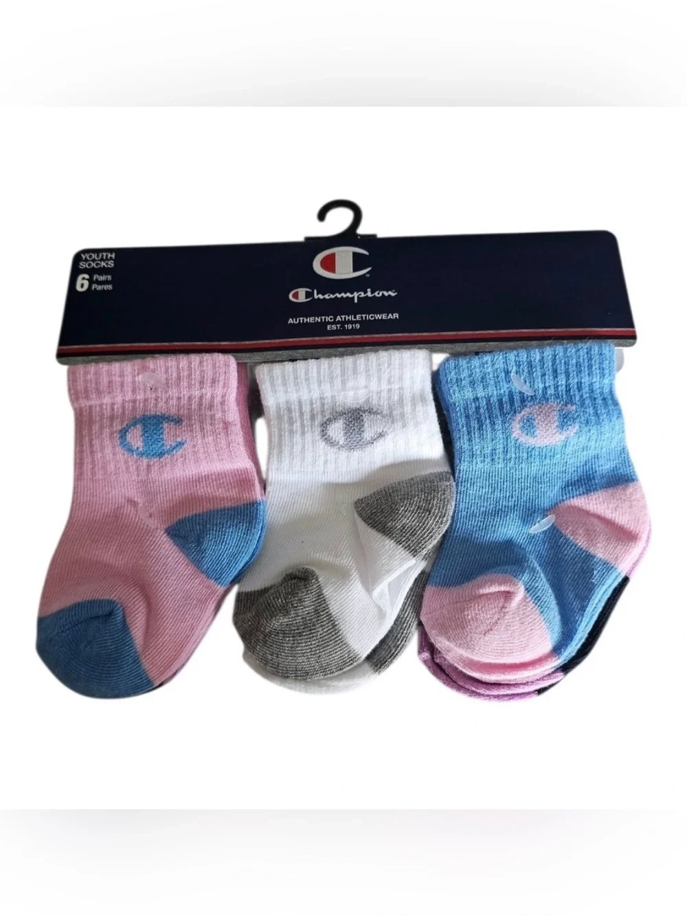 Champion Kids 6-Pack Crew Socks in Pink, White, Blue 6-12 months